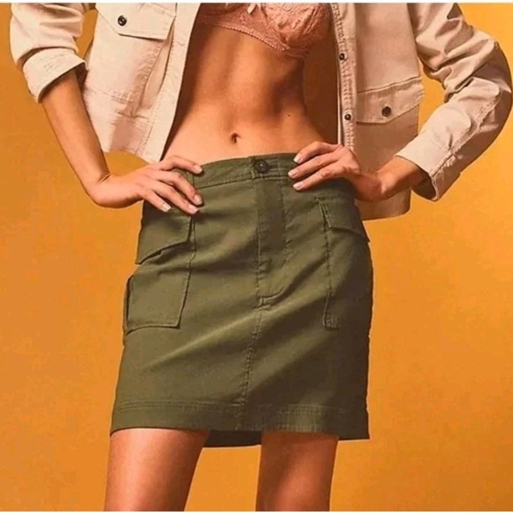 NWT Anthropologie Moss Green Linen Blend Cargo Mini Skirt Sz XXS